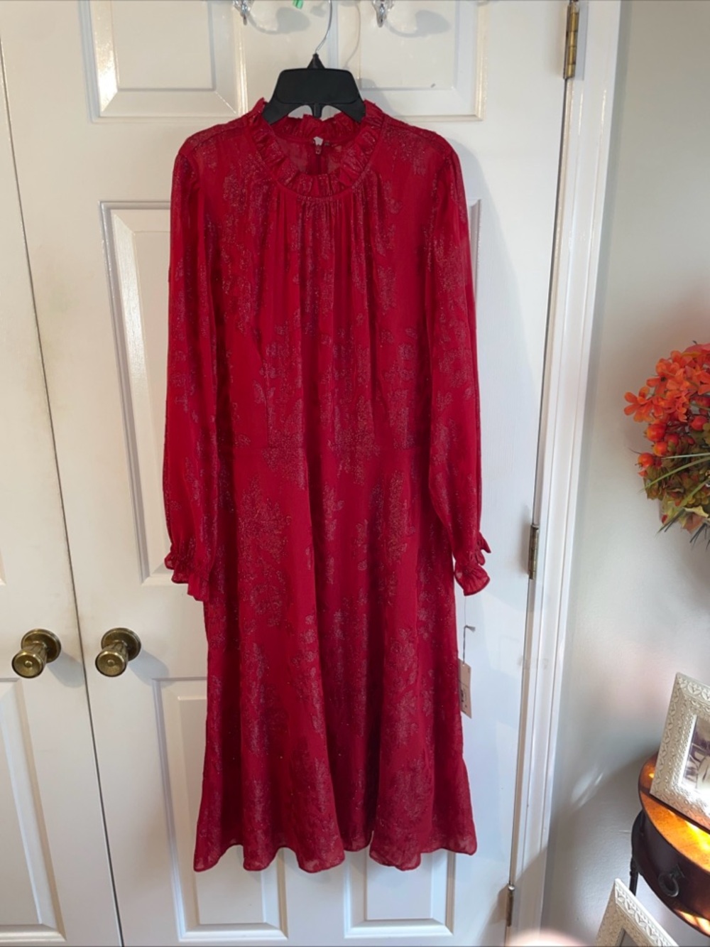 Women's Red Liz Claiborne Long Sleeve Midi Dress - Elegant Ruffle Neck Size 16